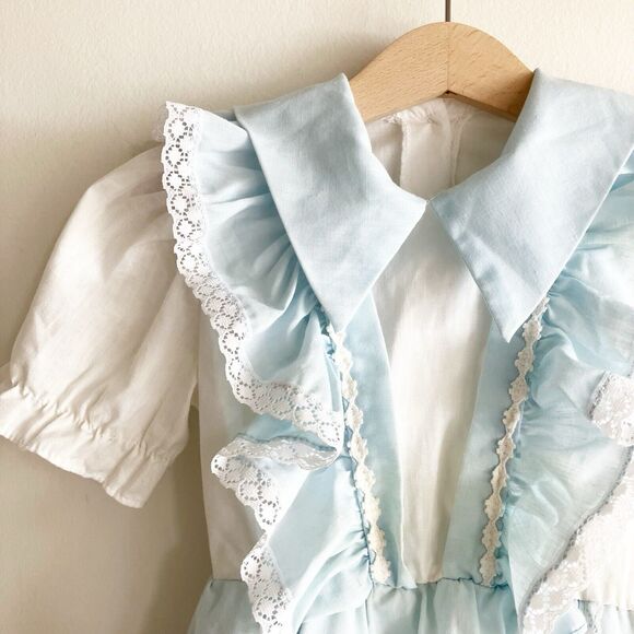 VTG Wendy Creations of California Girls Size 3 4 Puff Sleeve Dress Blue Ruffle - Picture 2 of 7